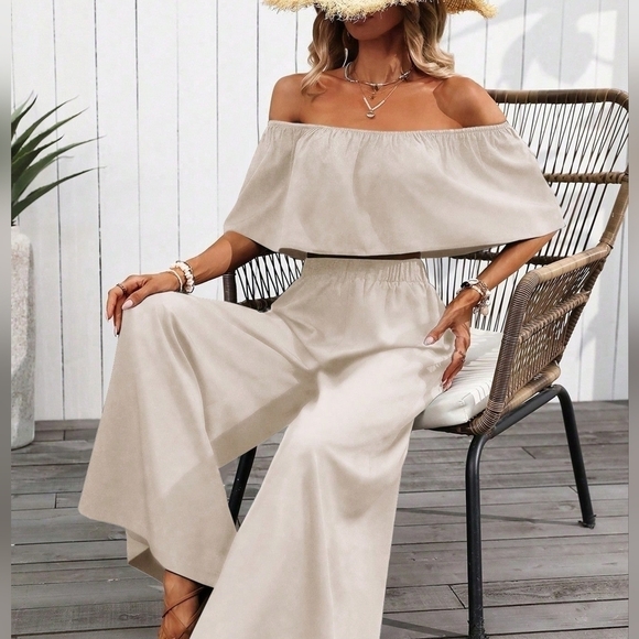 Solid Color Simple Daily Off-Shoulder Long Pant Suit, 2pcs - Picture 3 of 4